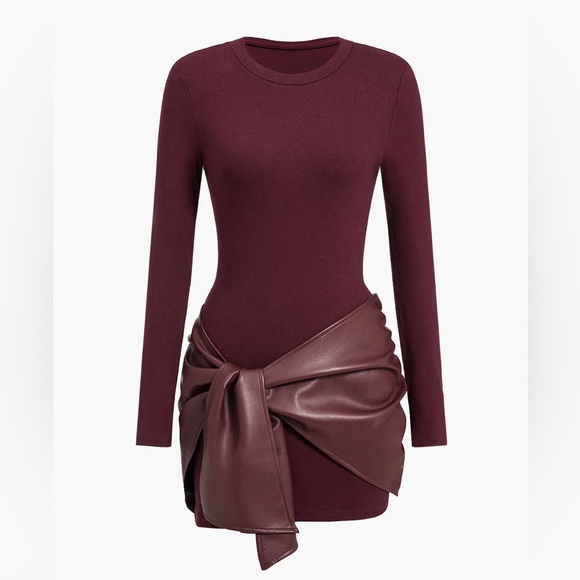 MICAS Faux Leather Patchwork Tie Front Round Neck Ruched Mini Dress - Picture 1 of 16